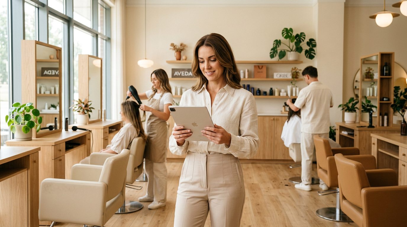 Salon manager using BookFlow on a tablet to manage appointments