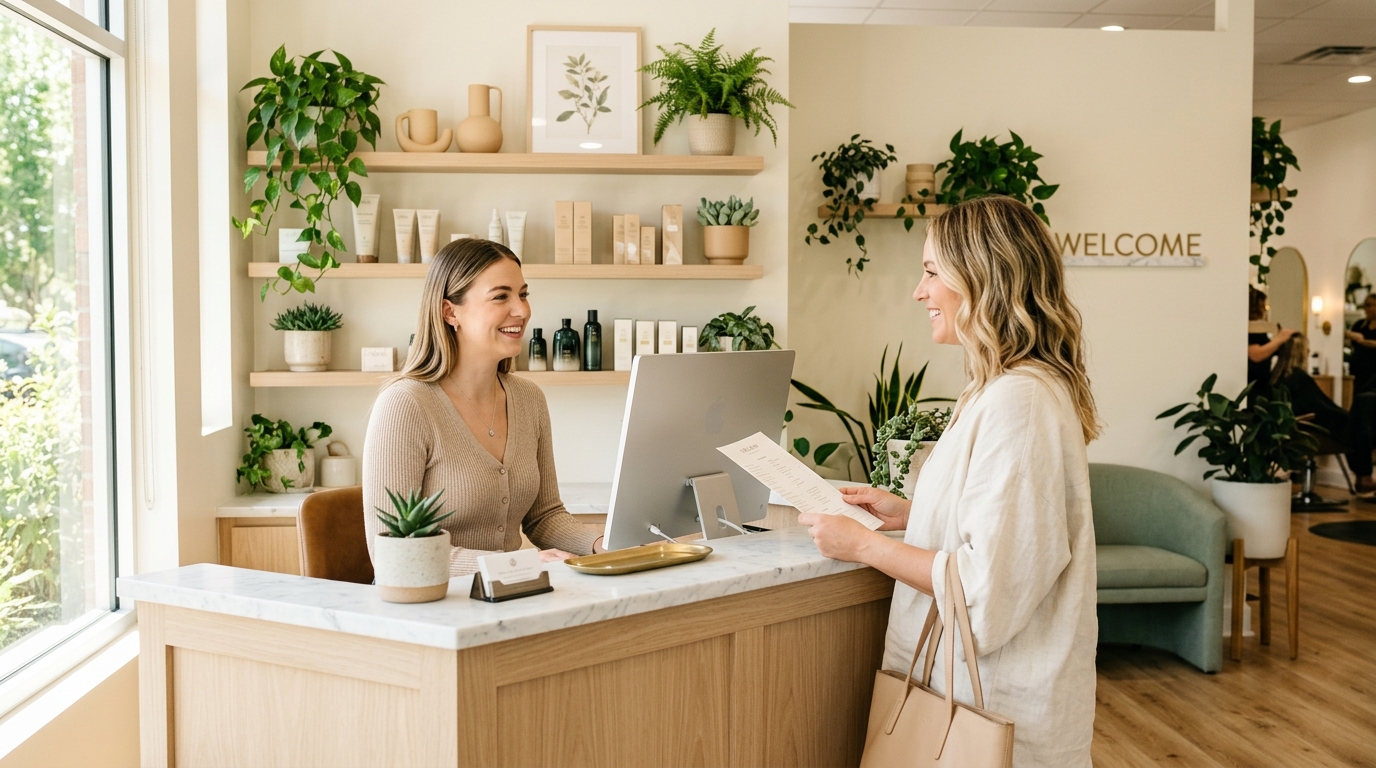 Front desk using BookFlow to check in a client